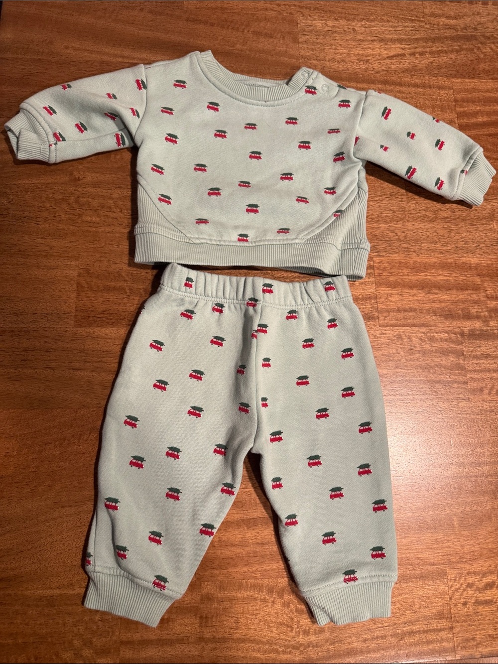 cloud island Mint Green sweat pants set with Red Christmas tree trucks